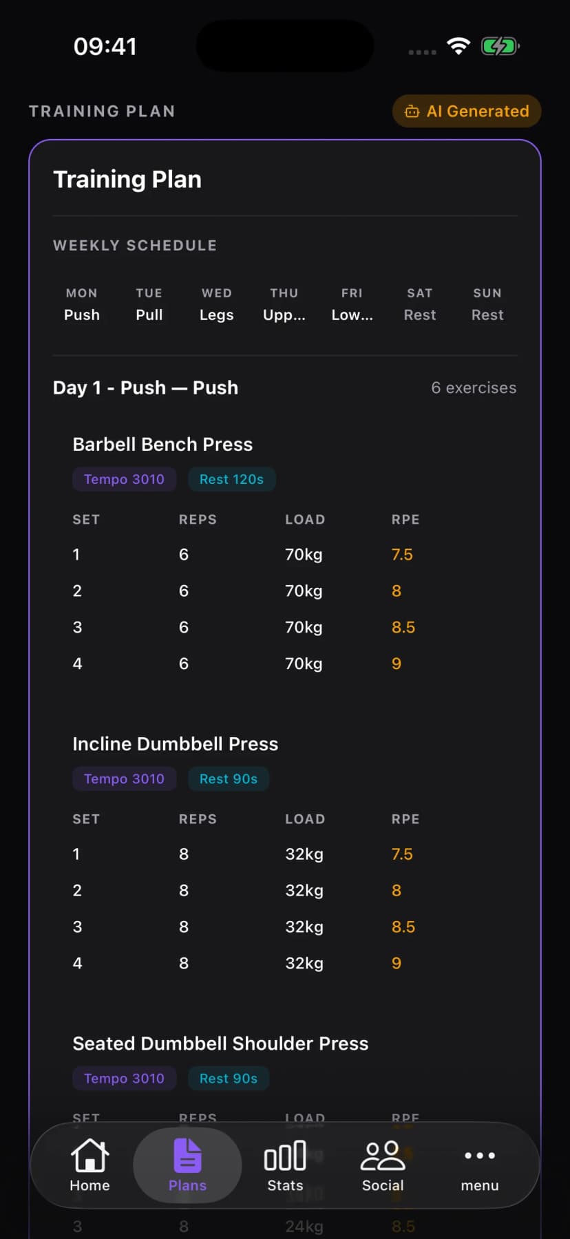 AI-generated training plan with weekly schedule