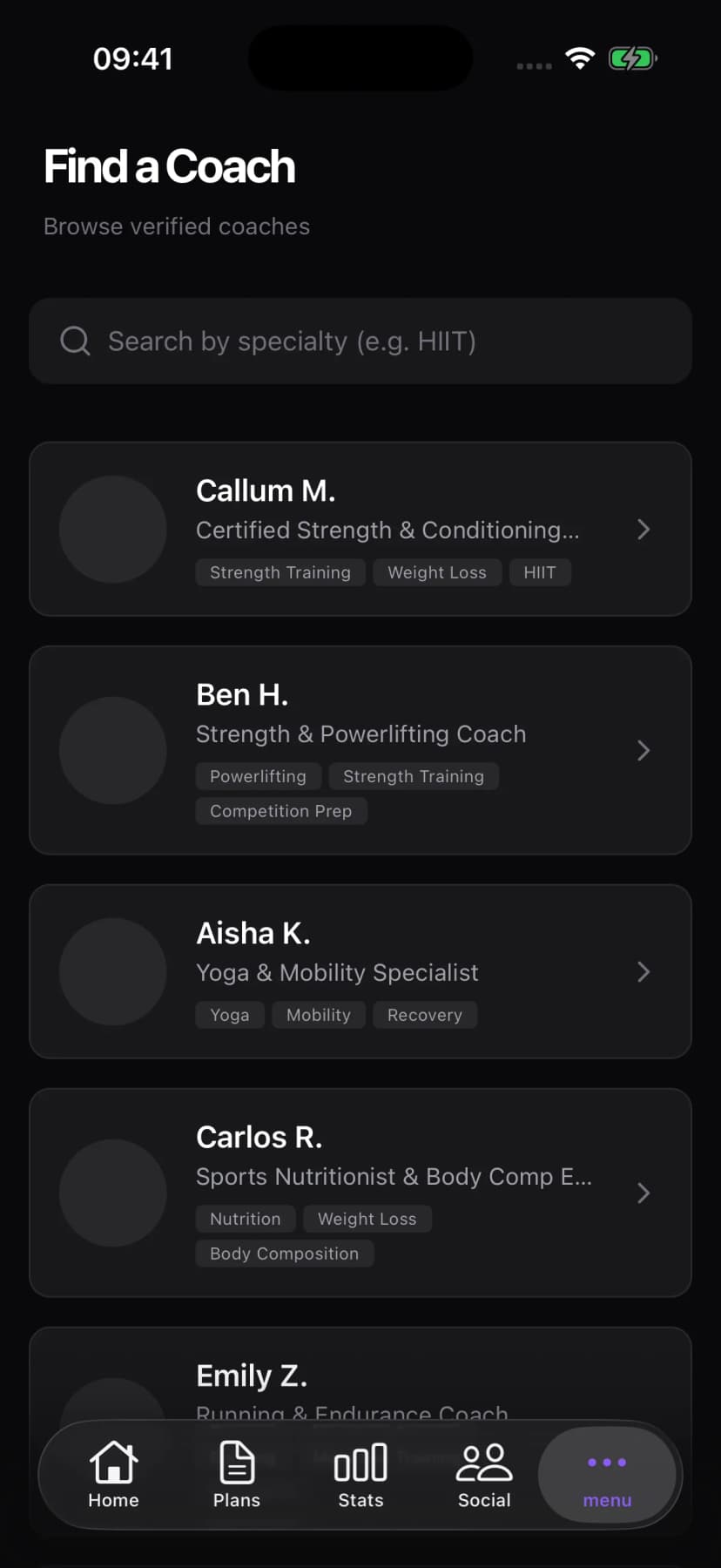 Coach directory where clients browse and hire coaches by specialty