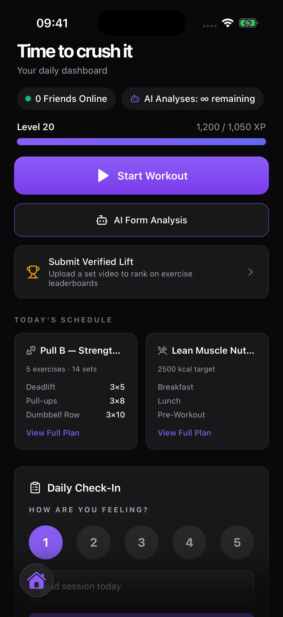 Forjex daily dashboard — workout plans, AI coach, gamification