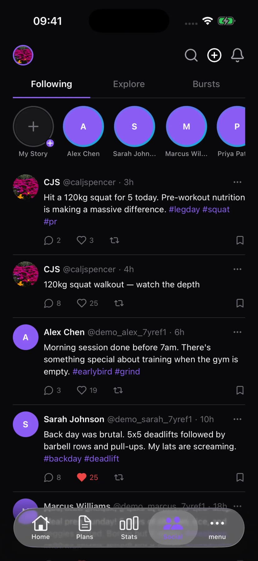 Social feed with posts, stories, and engagement
