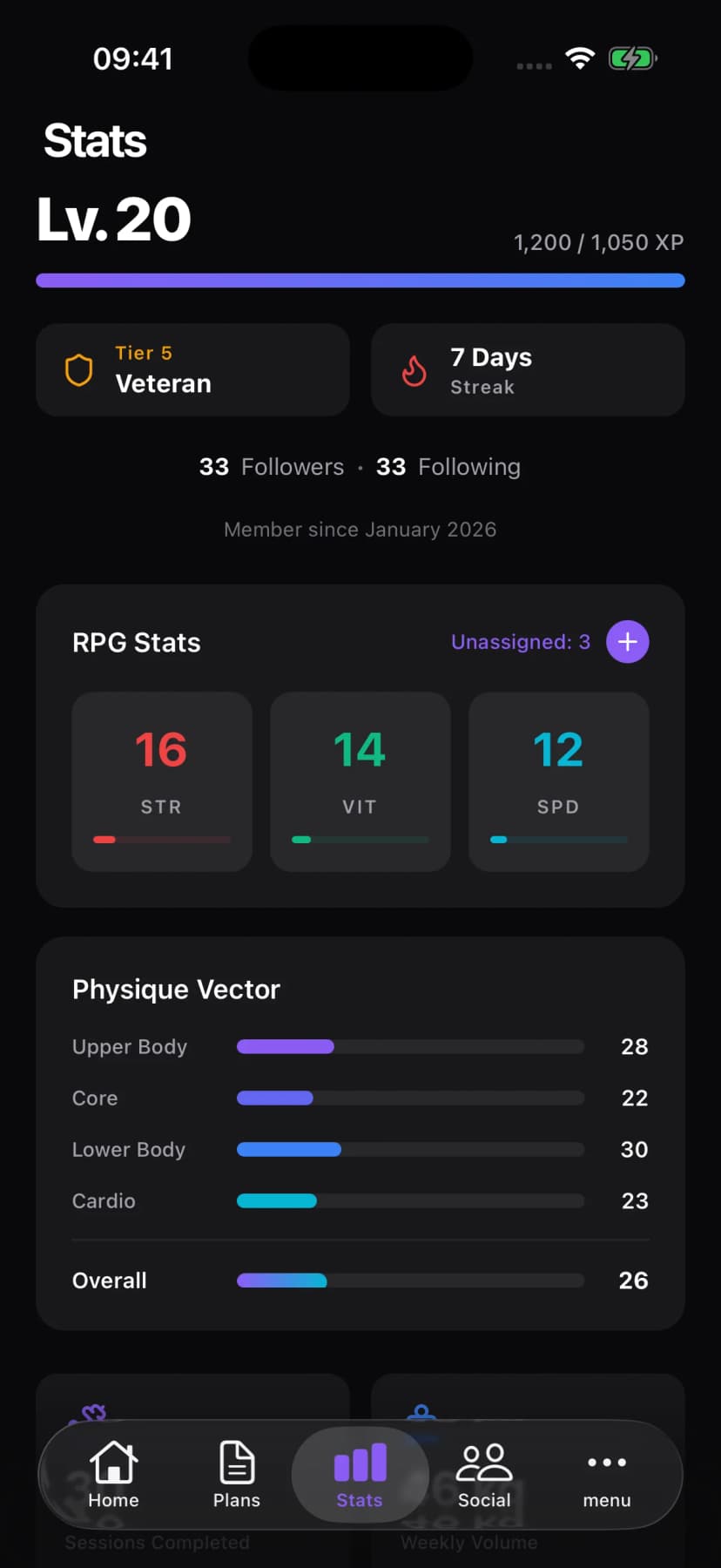 Stats dashboard with RPG stats and physique vector