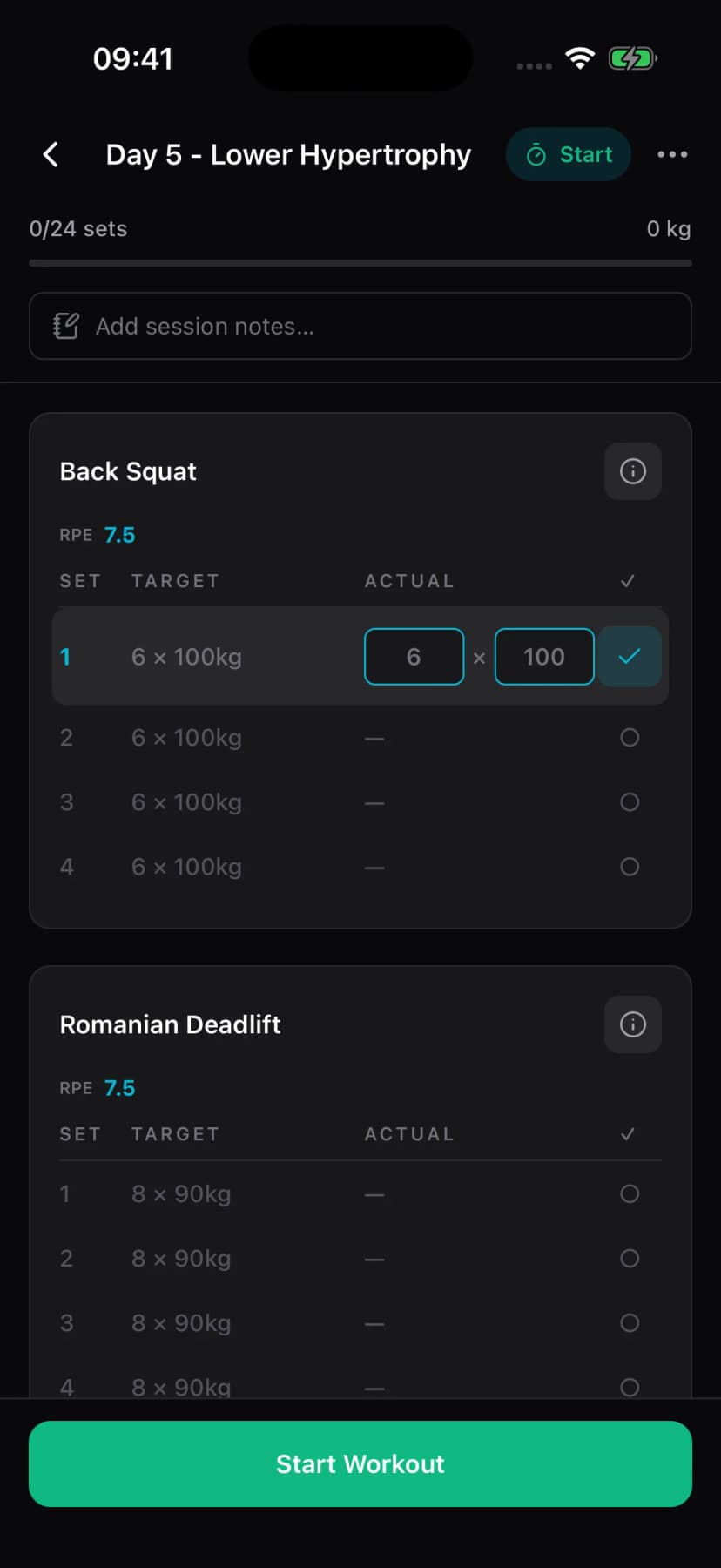 Forjex workout logging screen