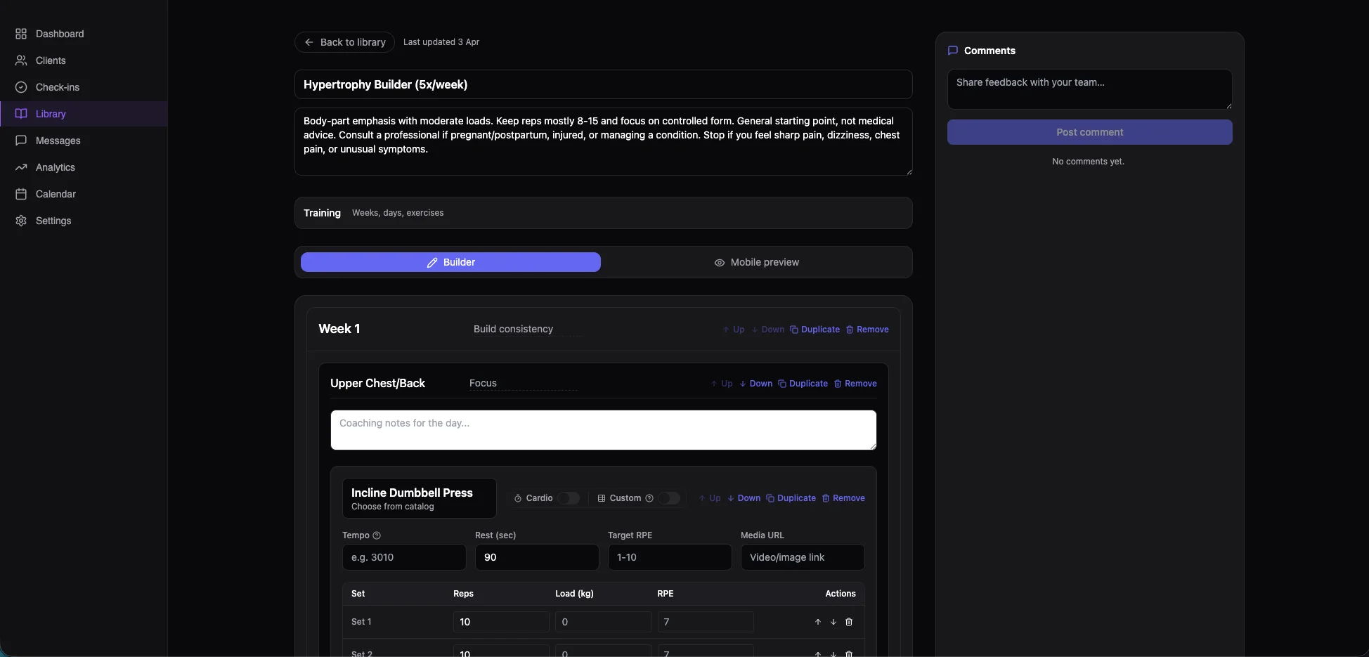 Coach programme builder with exercise editor and weekly schedule